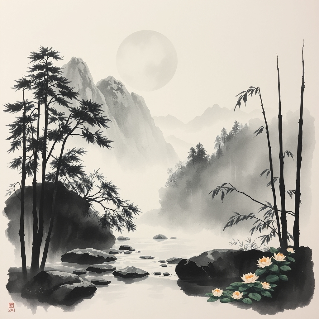 为这首诗生成的水墨配图